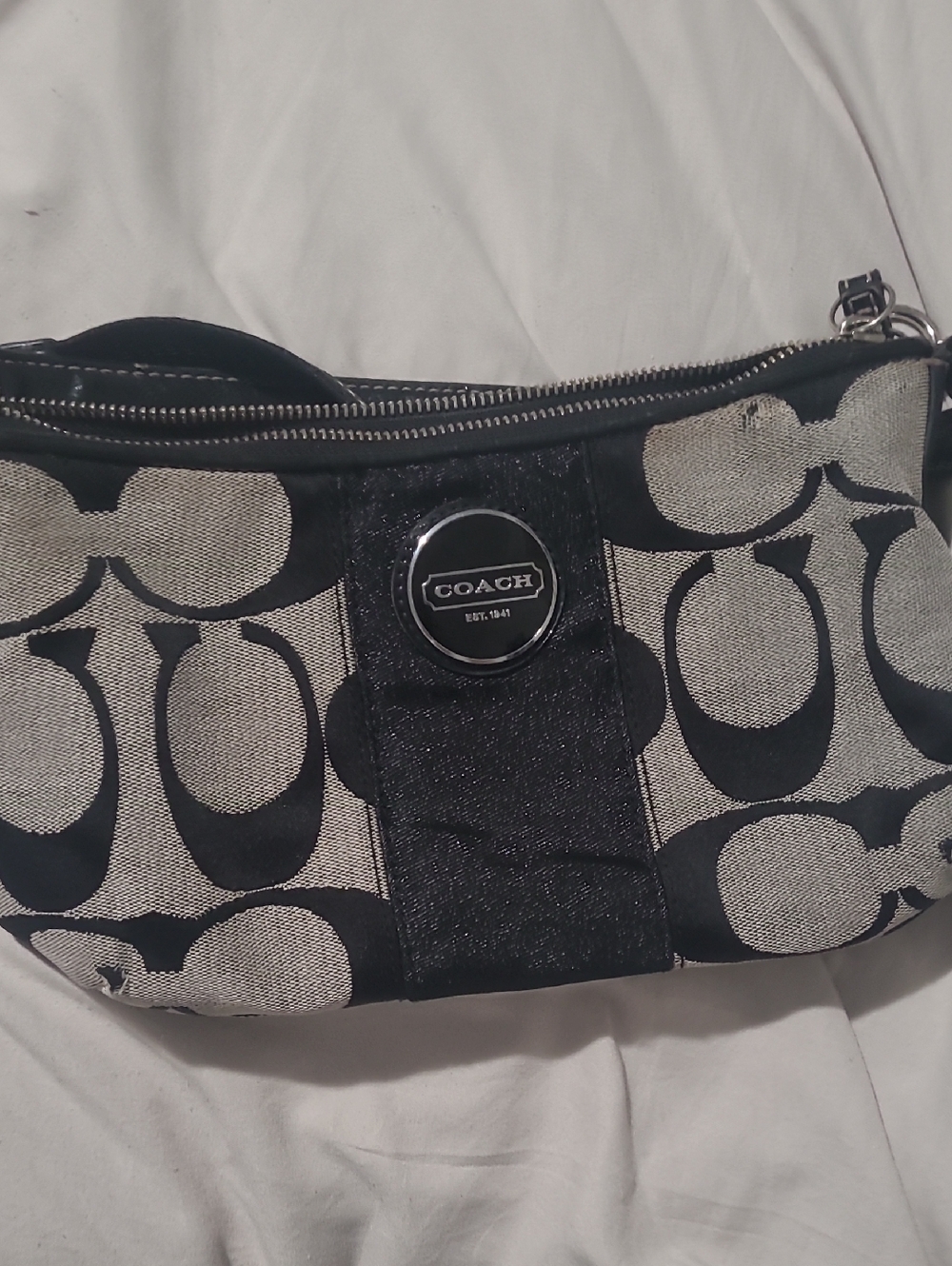 Coach Black and Beige Signature Canvas Shoulder Bag